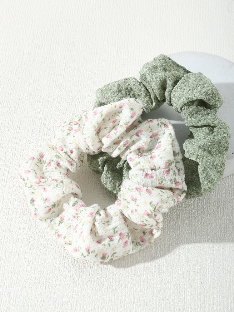 2pcs Ditsy Floral Hair Scrunchies, Suitable For Everyday, Spring/Summer Vacation Outfits Hair Ties Scrunchy Hair Ties, Head Piece Beauty Home Hair Accessories Ponytail Holders - Multicolor - View 2