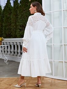 Simplee Plus Guipure Lace Insert Ruffle Hem Belted Shirt Dress - White - View 2