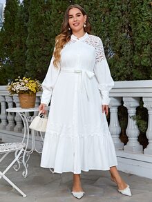 Simplee Plus Guipure Lace Insert Ruffle Hem Belted Shirt Dress - White - View 4