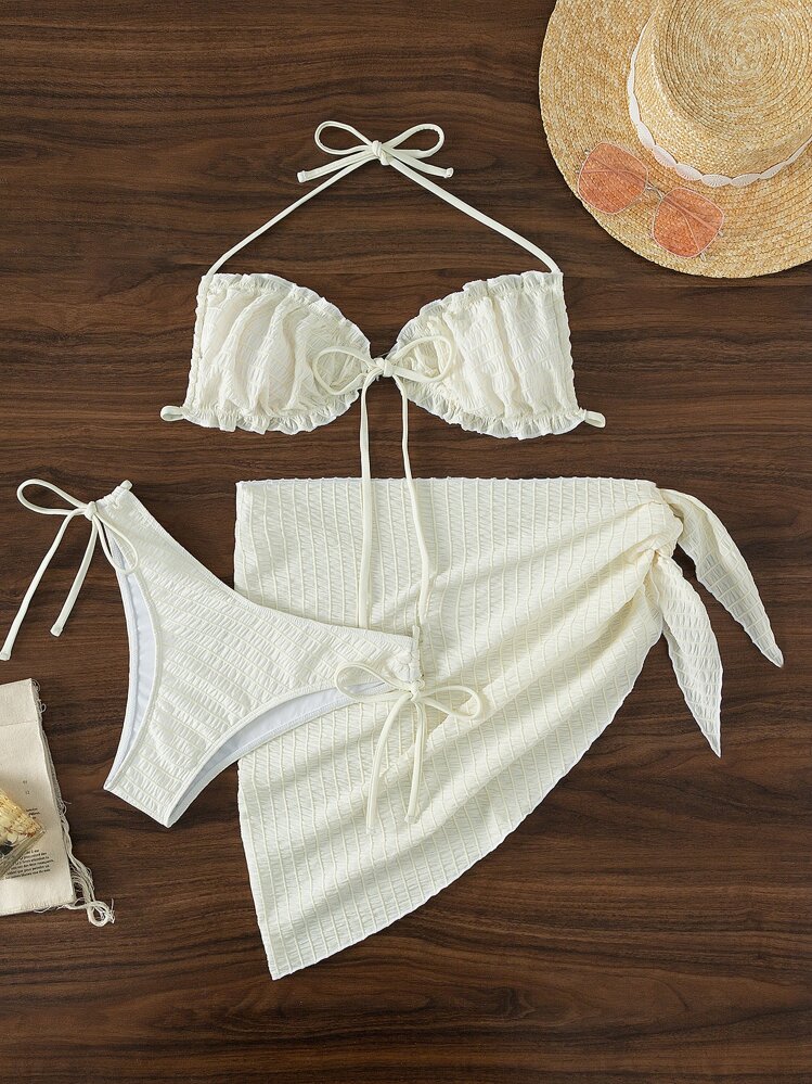 Swim SXY Summer Beach Solid Halter Bikini Set & Beach Skirt - Beige - View 3