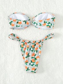 Swim Mod 橘色印花束腰丁字褲款夏季沙灘比基尼套裝 - 彩色 - 查看 2