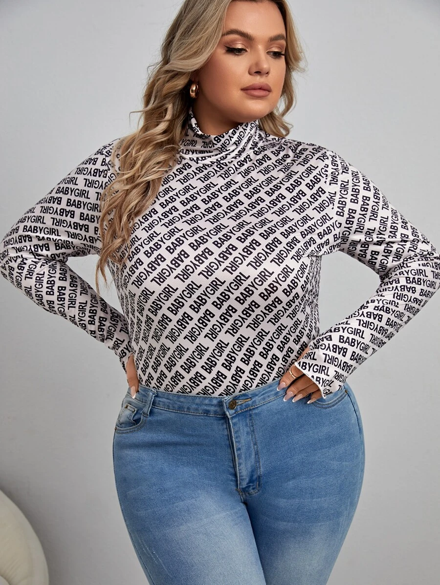 SHEIN Unity Plus Letter Graphic Mock Neck Tee