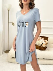 Slogan Graphic Night Dress - Baby Blue - View 1
