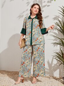 Mulvari 大碼印花荷葉袖襯衫和闊腿褲 - 彩色 - 查看 1