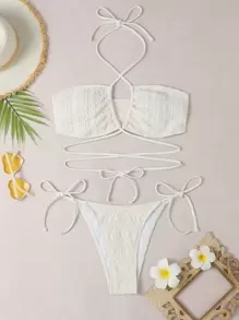 Swim Mod Summer Beach Textured Bikini Set Criss Cross Neck Bra & Tie Side Bottom 2 Piece Bathing Suit - Beige - View 3
