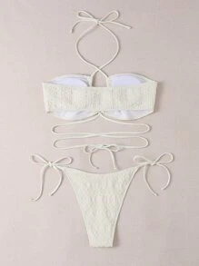 Swim Mod Summer Beach Textured Bikini Set Criss Cross Neck Bra & Tie Side Bottom 2 Piece Bathing Suit - Beige - View 4