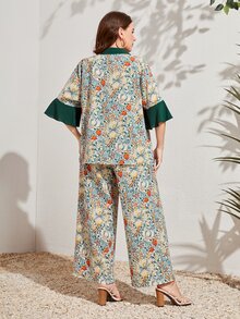 Mulvari 大碼印花荷葉袖襯衫和闊腿褲 - 彩色 - 查看 2
