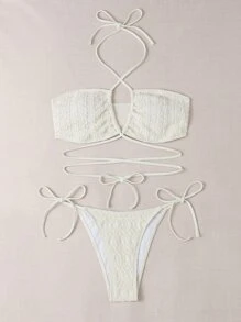 Swim Mod Summer Beach Textured Bikini Set Criss Cross Neck Bra & Tie Side Bottom 2 Piece Bathing Suit - Beige - View 6