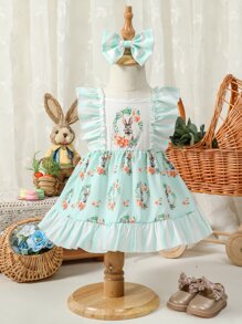 Baby Floral Print Ruffle Trim Dress With Accessory Headband - Multicolor - View 1