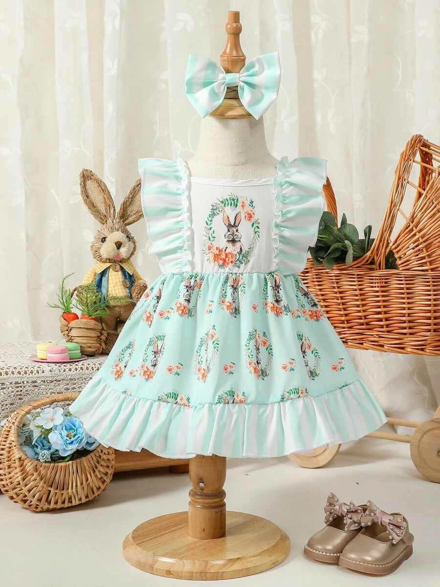 Baby Floral Print Ruffle Trim Dress With Accessory Headband - Multicolor - View 1