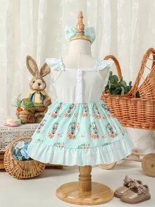 Baby Floral Print Ruffle Trim Dress With Accessory Headband - Multicolor - View 2