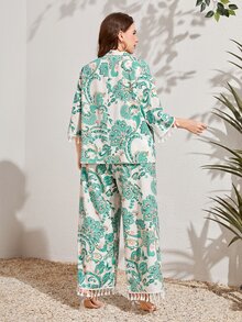 Mulvari Plus Floral Print Half Button Tassel Detail Top & Wide Leg Pants - Multicolor - View 2