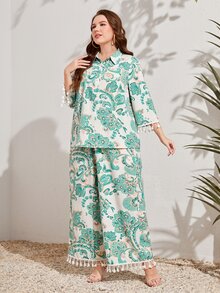 Mulvari Plus Floral Print Half Button Tassel Detail Top & Wide Leg Pants - Multicolor - View 3