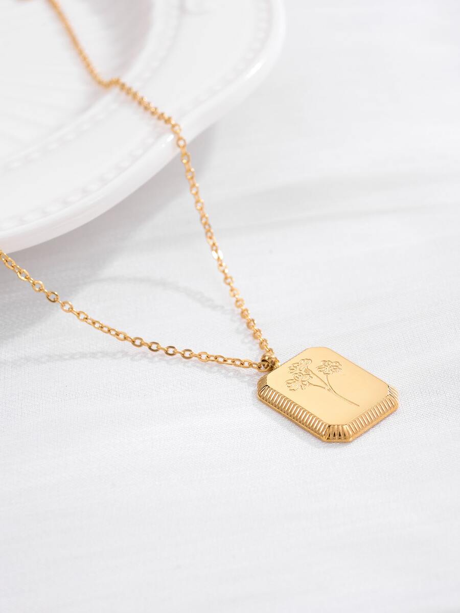 Flower Detail Geometric Charm Necklace - Yellow Gold - View 1