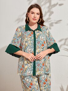 Mulvari 大碼印花荷葉袖襯衫和闊腿褲 - 彩色 - 查看 5