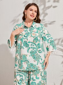 Mulvari Plus Floral Print Half Button Tassel Detail Top & Wide Leg Pants - Multicolor - View 4