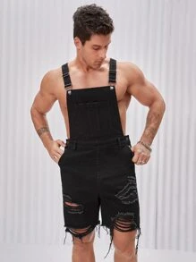 GENTILAND Men Cotton Ripped Raw Cut Denim Overall Romper - Black - View 1