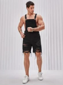 GENTILAND Men Cotton Ripped Raw Cut Denim Overall Romper - Black - View 3