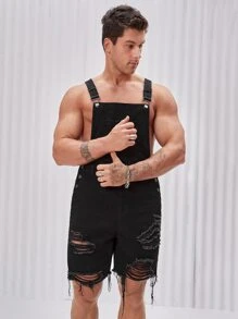GENTILAND Men Cotton Ripped Raw Cut Denim Overall Romper - Black - View 4