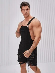 GENTILAND Men Cotton Ripped Raw Cut Denim Overall Romper - Black - View 5