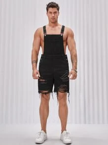 GENTILAND Men Cotton Ripped Raw Cut Denim Overall Romper - Black - View 6