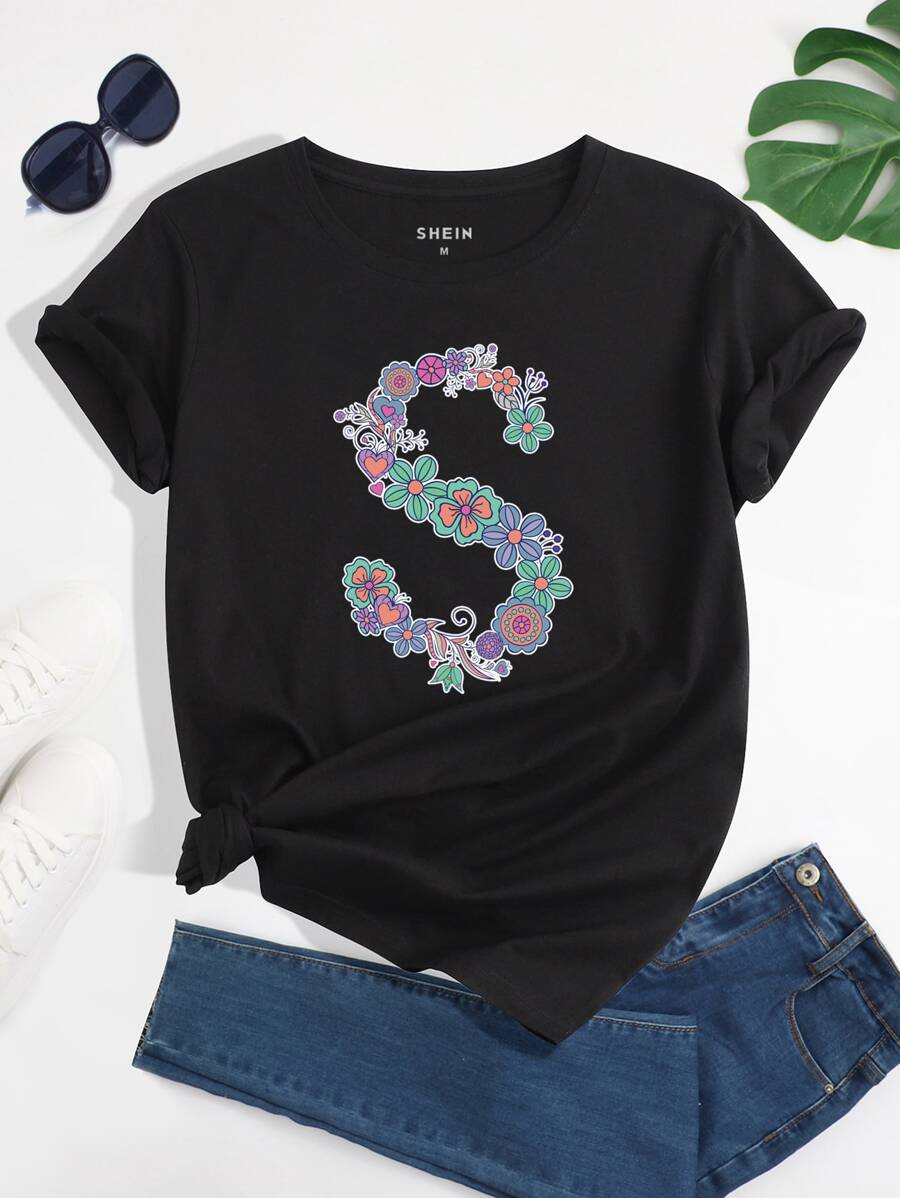 SHEIN LUNE Floral And Letter Graphic Tee - Black - View 1