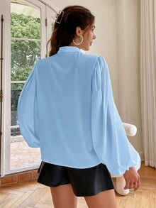 Simplee Blusa de manga farol de unicolor, blusa de manga larga para primavera/verano - Celeste - Ver 2
