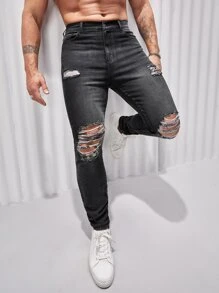 Manfinity Hombres Jeans ajustados desgarro crudo - Gris Oscuro - Ver 3