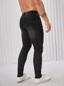 Manfinity Hombres Jeans ajustados desgarro crudo - Gris Oscuro - Ver 2