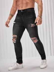 Manfinity Hombres Jeans ajustados desgarro crudo - Gris Oscuro - Ver 4