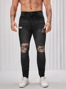 Manfinity Hombres Jeans ajustados desgarro crudo - Gris Oscuro - Ver 5