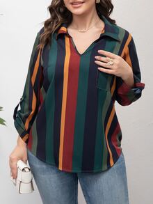 SHEIN LUNE Blusa de rayas con parche con bolsillo - Multicolor - Ver 3