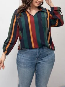 SHEIN LUNE Blusa de rayas con parche con bolsillo - Multicolor - Ver 4