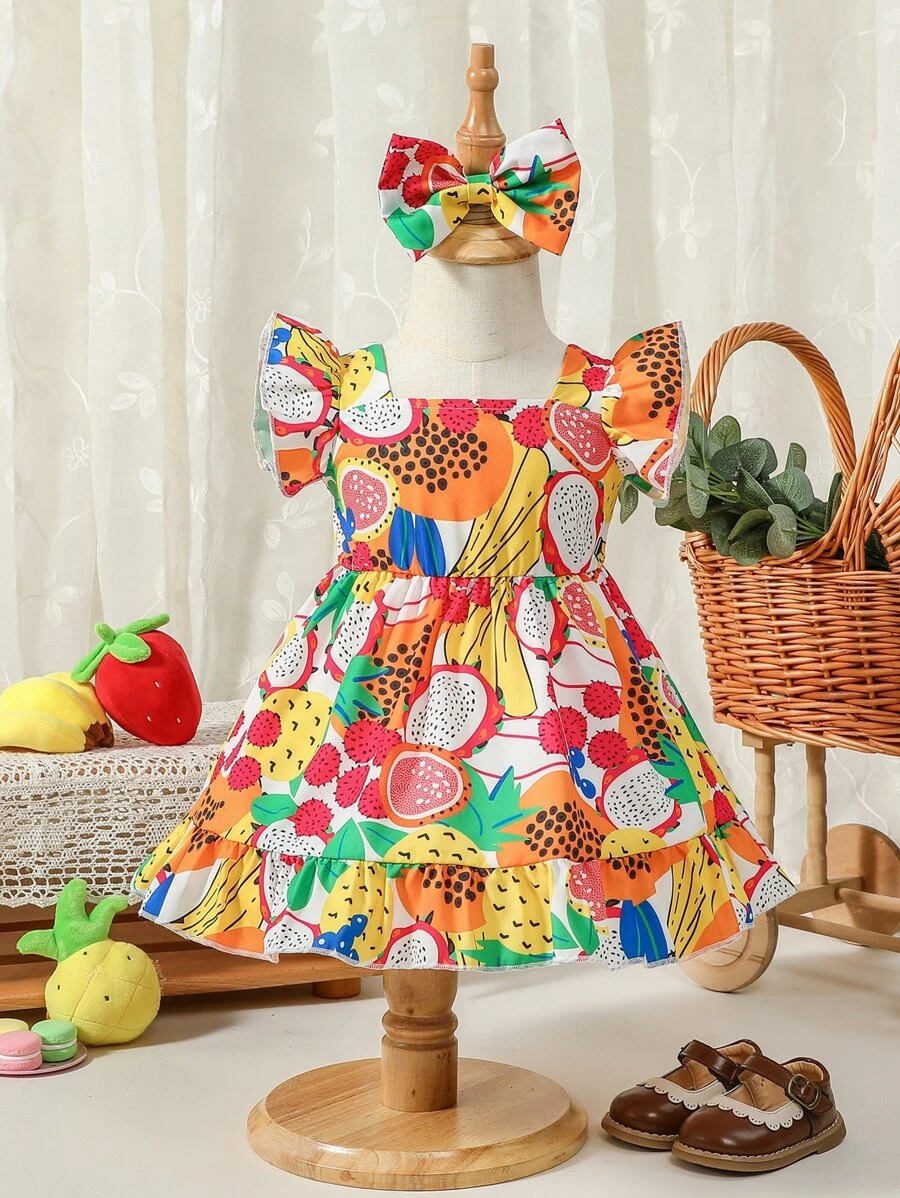 SHEIN Baby Girl Fruits Print Ruffle Trim Dress With Accessory Headband - Multicolor - View 1