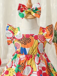 SHEIN Baby Girl Fruits Print Ruffle Trim Dress With Accessory Headband - Multicolor - View 4