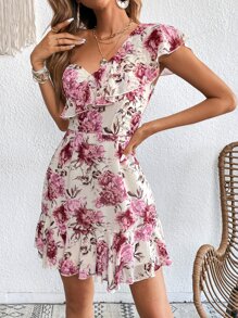 SHEIN VCAY Vestido con estampado floral de un hombro ribete con fruncido - Multicolor - Ver 3