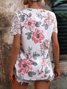 SHEIN LUNE Blusa con estampado floral con encaje - Blanco - Ver 2