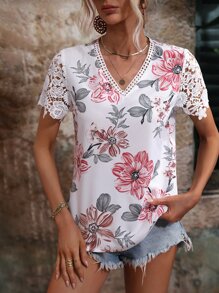 SHEIN LUNE Blusa con estampado floral con encaje - Blanco - Ver 3