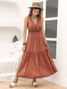 Rusttydustty Plunge Neck Ruffle Hem A-line Dress - Redwood - View 4