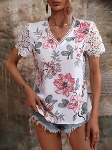 SHEIN LUNE Blusa con estampado floral con encaje - Blanco - Ver 5
