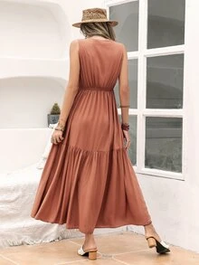 Rusttydustty Plunge Neck Ruffle Hem A-line Dress - Redwood - View 2