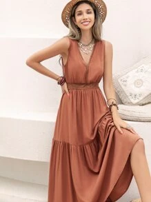 Rusttydustty Plunge Neck Ruffle Hem A-line Dress - Redwood - View 1