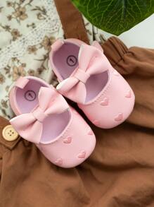 1pair Infant Mary Jane Flat Casual Shoes With Heart Embroidery - Pink - View 3