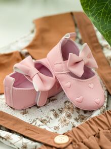 1pair Infant Mary Jane Flat Casual Shoes With Heart Embroidery - Pink - View 2