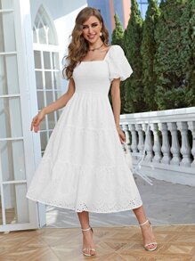 Simplee Square Neck Puff Sleeve Schiffy Dress - White - View 1