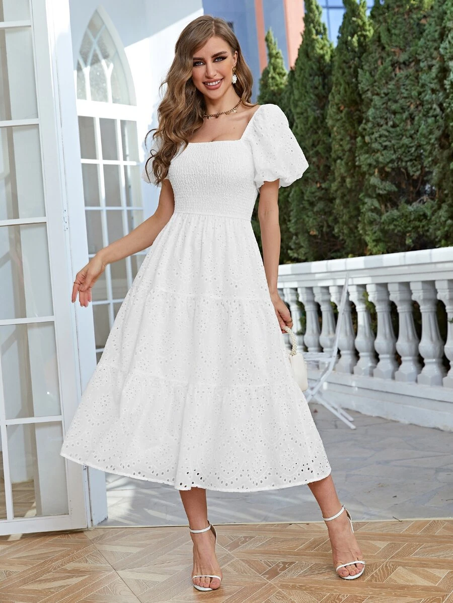 Simplee Square Neck Puff Sleeve Schiffy Dress - White - View 1