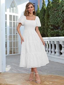 Simplee Square Neck Puff Sleeve Schiffy Dress - White - View 3