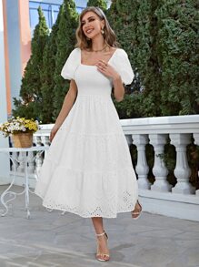 Simplee Square Neck Puff Sleeve Schiffy Dress - White - View 5