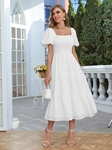 Simplee Square Neck Puff Sleeve Schiffy Dress - White - View 6