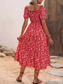 SHEIN VCAY Ditsy Floral Square Neck Puff Sleeve Dress - Red - View 2